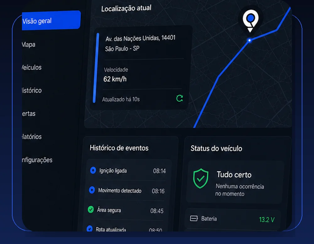 Painel do aplicativo Apontou com mapa e status do veículo